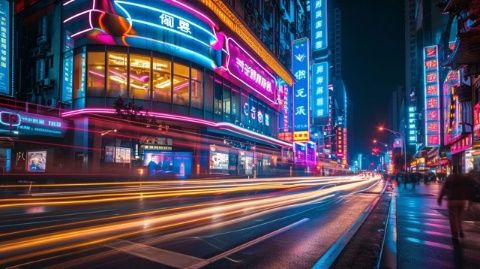 城市夜色燈光璀璨,車水馬龍的街頭景色