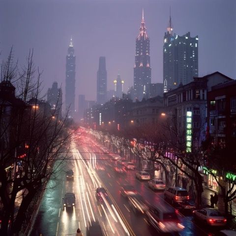 城市夜色燈光璀璨,車水馬龍的街頭景色