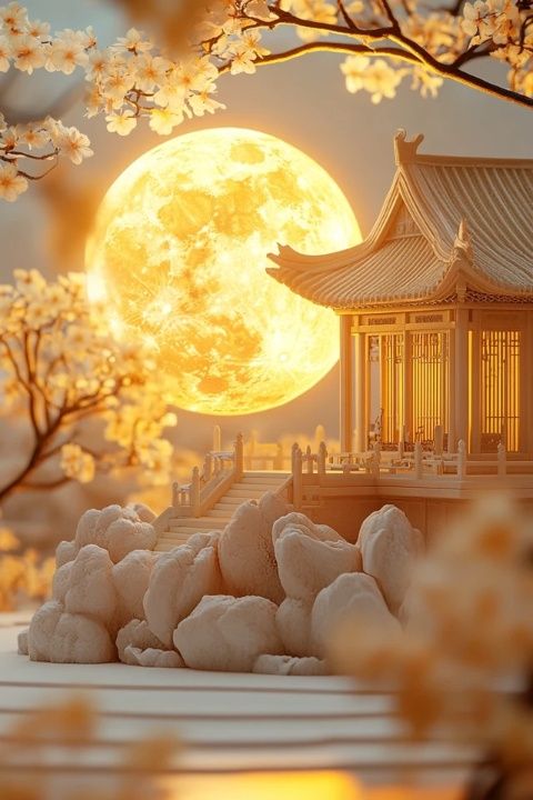 中秋夜,月亮像明珠一樣閃耀照亮了整個世界。