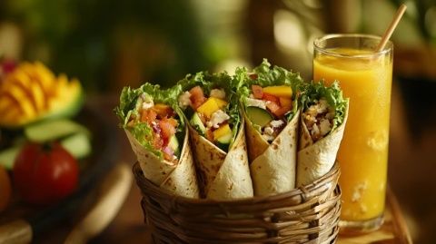 山藥紫薯奶酪餅、椒鹽大蝦、蔬菜飯團、奶香玉米汁
