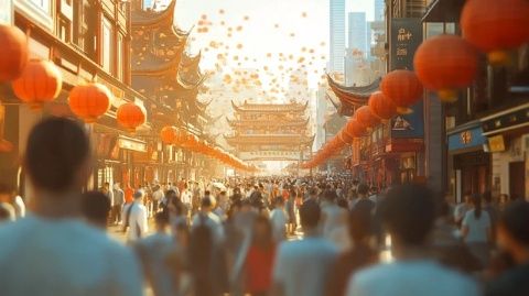 標(biāo)題上海碳水一條街,大街上密密麻麻的人群,熱鬧非凡,生意非常火爆