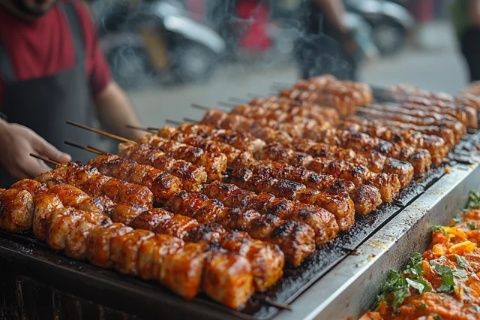 炭烤牛肉串配濃郁番茄醬，色香味俱佳！當然可以！以下是羊肉串的制作方法