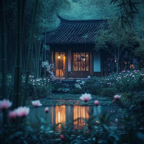 白宮晚景：湖面倒影與花團錦簇交相輝映