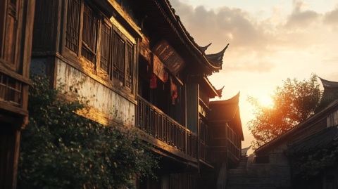 晚照映襯下,斜塘老街:水鄉美景與繁華交相輝映