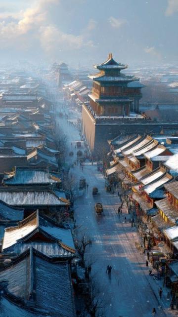 春雪裝點下的景州塔廣場