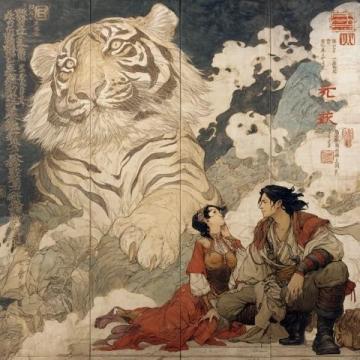 清朝姚墅鄉(xiāng)民在山上突遇老虎，虎一個(gè)劍步撲倒了他，利爪抓傷臉頰血流不止