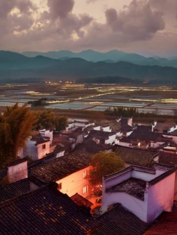 松滋縣有個小鎮邊緣臨大湖，大片水面映照著夕陽。
